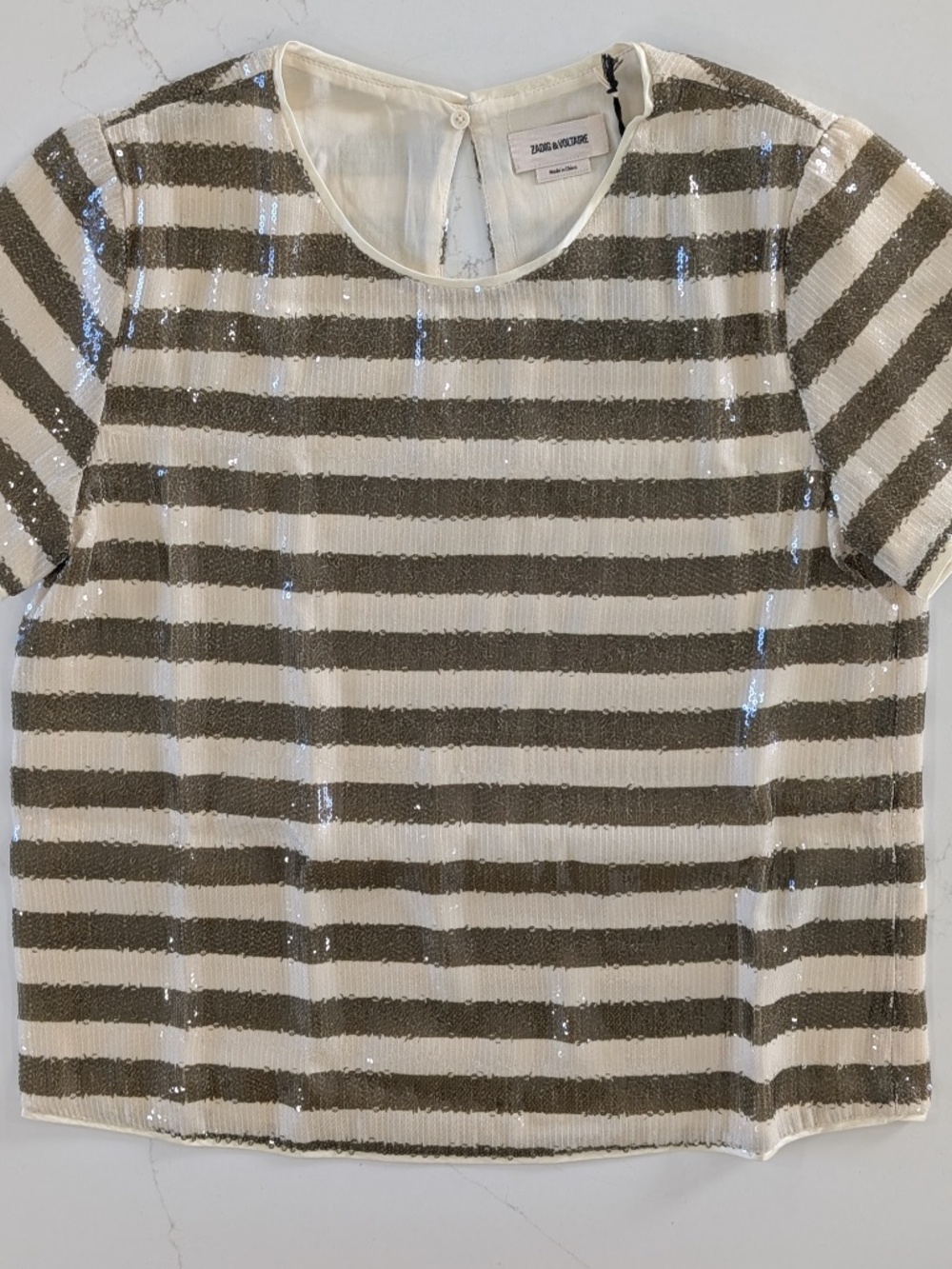 Zadig & Voltaire Tchao Sequin Stripe Top Green Cream Size XS NWT $398 Luxury